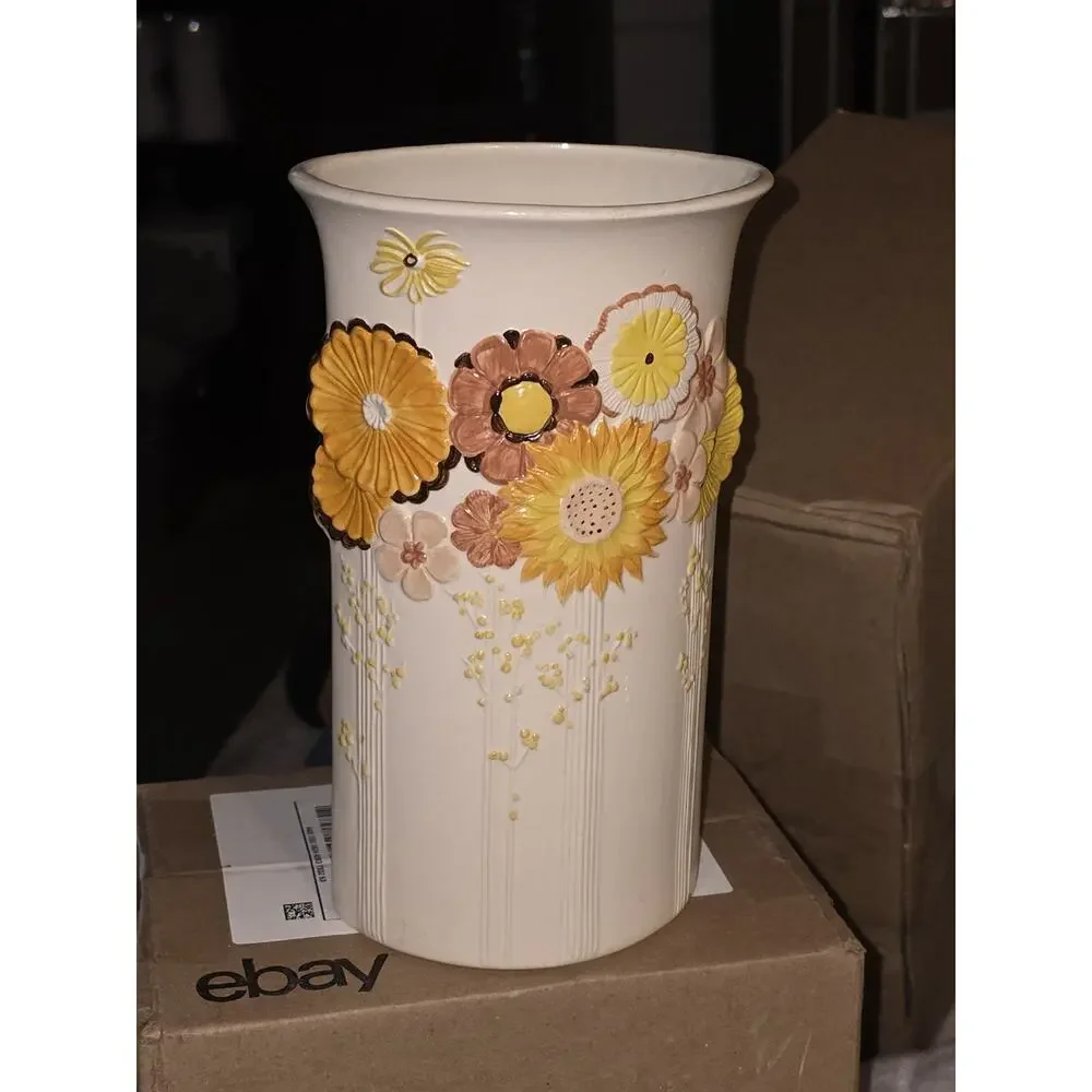 Vintage Kaiser W Germany Bisque Floral Relief Vase Hand Painted MCM Boho
